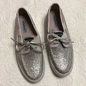 Sperry Top Siders Size 8.5M Womens Embellished Silver Shimmer Loafers